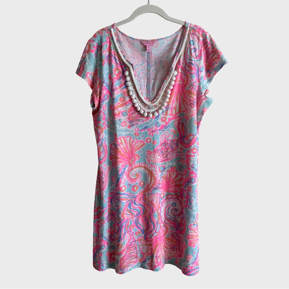 Lilly Pulitzer Harper Dress Pink Pout Too Much Bubbly Shift Pom Pom Trim XL